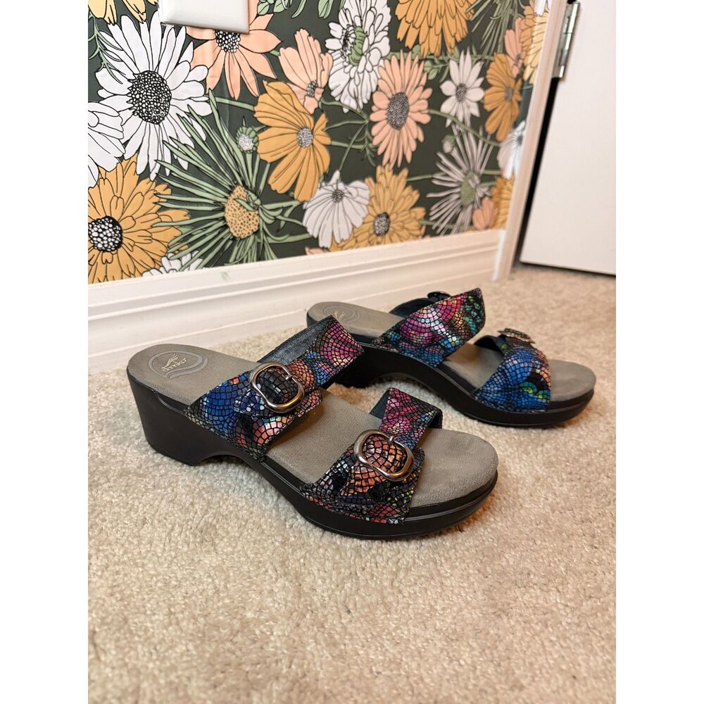 Dansko Sophie Wedge Sandals Metallic Snakeskin Print Multicolor Size 39 8.5-9